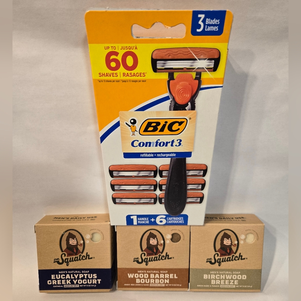 Dr Squatch Mens Soap 3 Pack + BIC Comfort 3 Razor Pack BUNDLE